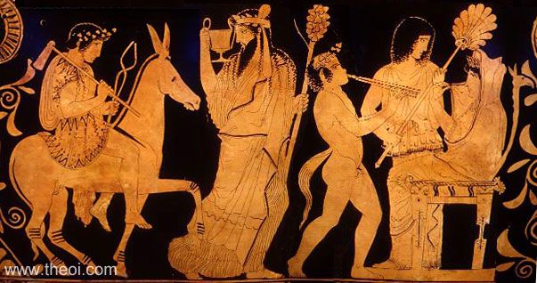 Hephaestus, Dionysus, Satyriscus, Hebe and Hera | Athenian red-figure skyphos C5th B.C. | Toledo Museum of Art