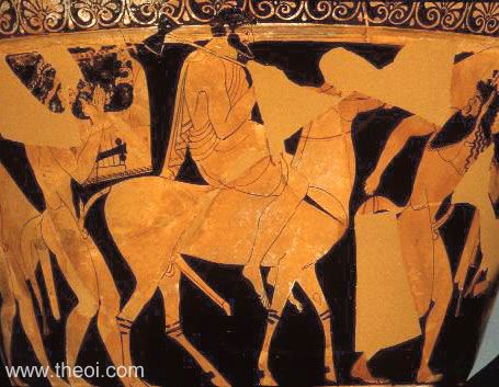 Hephaestus riding donkey and Satyrs | Athenian red-figure calyx krater C5th B.C. | Harvard Art Museums, Cambridge