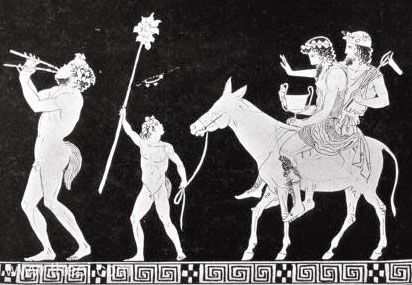 Satyr, Satyriscus, Dionysus and Hephaestus riding ass | Athenian red-figure oinochoe C5th B.C. | Metropolitan Museum of Art, New York