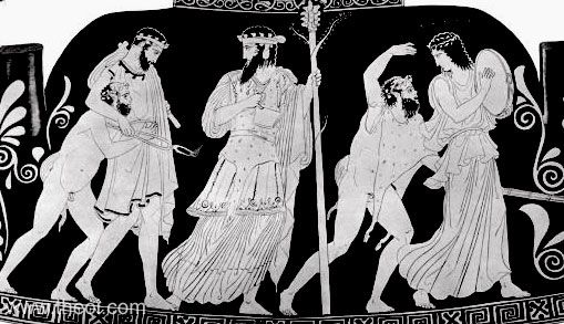 Hephaestus, Dionysus, Satyrs and Bacchante | Athenian red-figure pelike C5th B.C. | Staatliche Antikensammlungen, Munich