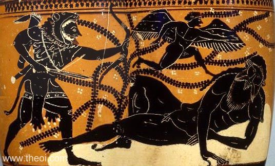 Heracles, Alcyoneus and Hypnus | Athenian black-figure lekythos C6th B.C. | Toledo Museum of Art
