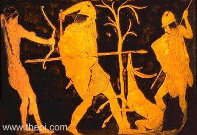 Artemis & the Aloadae | Attic red figure vase painting
