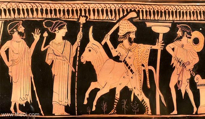 Zeus, Hera, heifer Io, Argus Panoptes and Hermes | Athenian red-figure hydria C5th B.C. | Museum of Fine Arts Boston