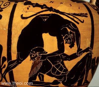 Heracles wrestling Antaeus | Athenian black-figure neck amphora C5th B.C. | Tampa Museum of Art