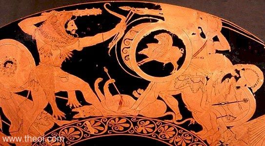 Heracles, Geryon & Orthrus | Attic red figure vase painting