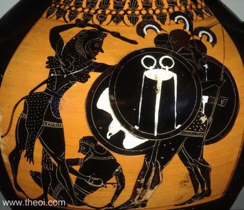 Heracles & Geryon | Attic black figure vase painting