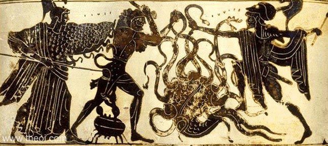 Heracles, Athena, Iolaus and the Hydra | Athenian black-figure lekythos C5th B.C. | Musée du Louvre, Paris