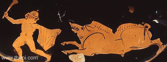 Theseus and the Crommyonian Sow | Athenian red figure askos C5th B.C. | University of Pennsylvania Museum of Archaeology, Philadelphia