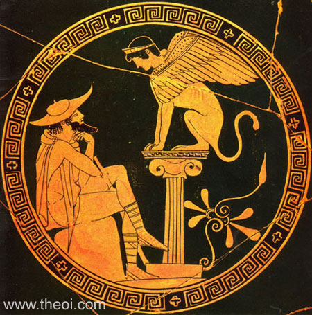 Oedipus and the Sphinx | Athenian red-figure kylix C5th B.C. | Gregorian Etruscan Museum, Vatican City