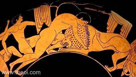 Heracles & Nemean Lion | Attic red figure vase painting