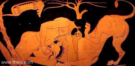 Heracles & Nemean Lion | Attic red figure vase painting