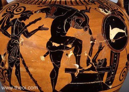 Heracles, Erymanthian Boar & Eurystheus | Attic black figure vase painting