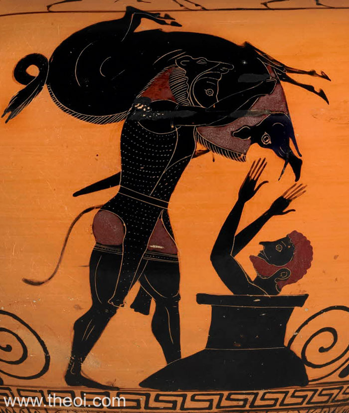 Heracles, Erymanthian Boar & Eurystheus | Attic black figure vase painting