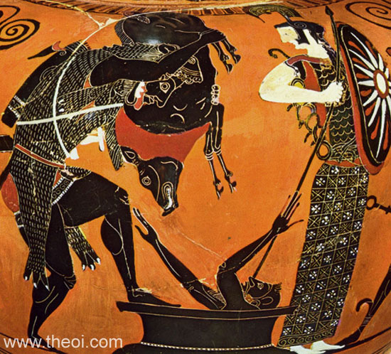 Heracles, Erymanthian Boar & Eurystheus | Attic black figure vase painting