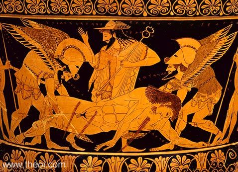 Thanatos, Hypnos, Hermes and the body of Sarpedon | Athenian red-figure calyx krater C6th B.C. | Metropolitan Museum of Art, New York