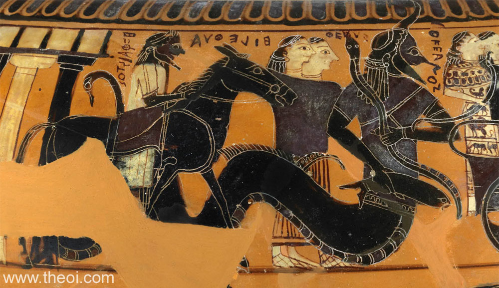 Hephaestus, Eileithyia, Tethys & Oceanus | Attic black figure vase painting