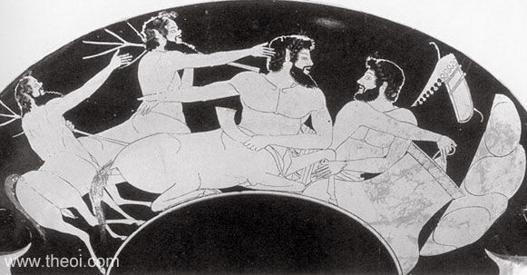 Heracles, Pholus and the Centaurs | Athenian red-figure kylix C5th B.C. | Antikenmuseum Basel und Sammlung Ludwig