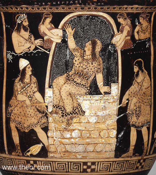 The pyre of Alcmena quenched by the rains of Oceanids | Paestan red-figure krater C4th B.C. | British Museum, London