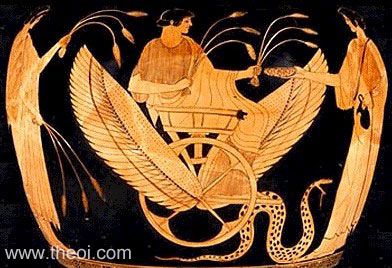 Persephone, Triptolemus on serpent chariot and Demeter | Athenian red-figure stamnos C5th B.C. | The J. Paul Getty Museum, Malibu
