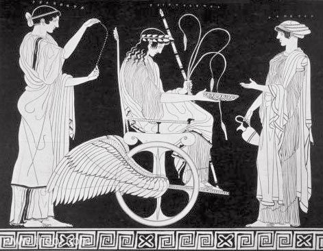 Persephone, Triptolemus with winged chariot and Demeter | Athenian red-figure hydria C5th B.C. | Staatliche Antikensammlungen, Munich