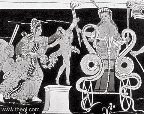Triptolemus and the serpent-chariot of Demeter | Apulian red-figure volute krater C4th B.C. | Staatliche Antikensammlungen, Munich
