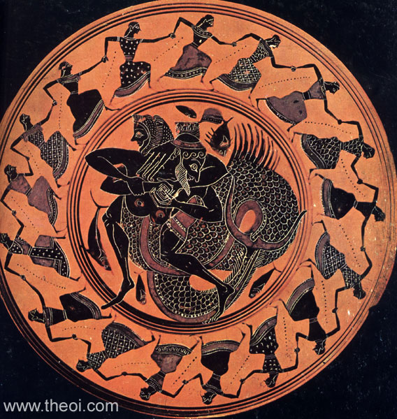 Heracles wrestling Nereus in ring of Nereids | Athenian black-figure kylix C6th B.C. | Tarquinia National Museum