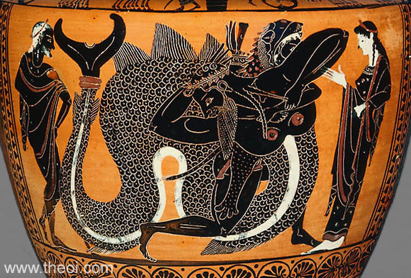 Heracles Wrestling Triton | Attic black figure vase painting