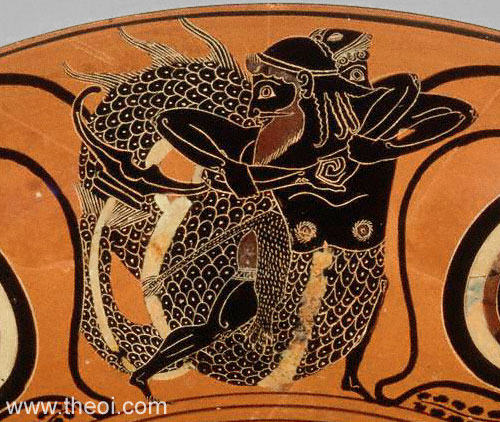 Heracles wrestling Triton | Athenian black-figure zone cup C6th B.C. | The J. Paul Getty Museum, Malibu