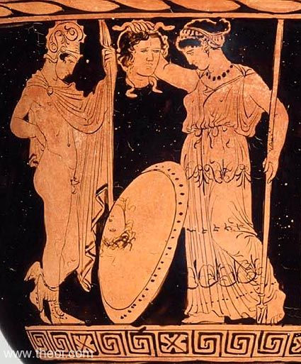 Perseus, Athena & Head of Medusa | Apulian red figure vase painting