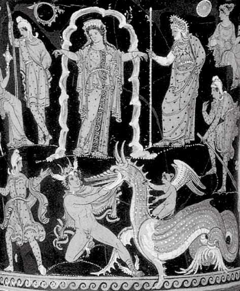 Perseus, Andromeda & Cetus | Apulian red figure vase painting