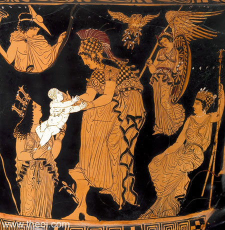 Gaea, birth of Erichthonius and Athena | Athenian red-figure calyx krater C5th B.C. | Virginia Museum of Fine Arts, Richmond