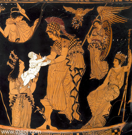 Gaea, infant Erichthonius and Athena | Athenian red-figure calyx krater C5th B.C. | Virginia Museum of Fine Arts, Richmond