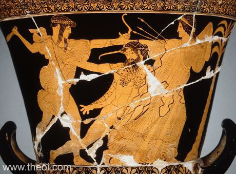 Apollo, Tityus & Leto | Attic red figure vase painting