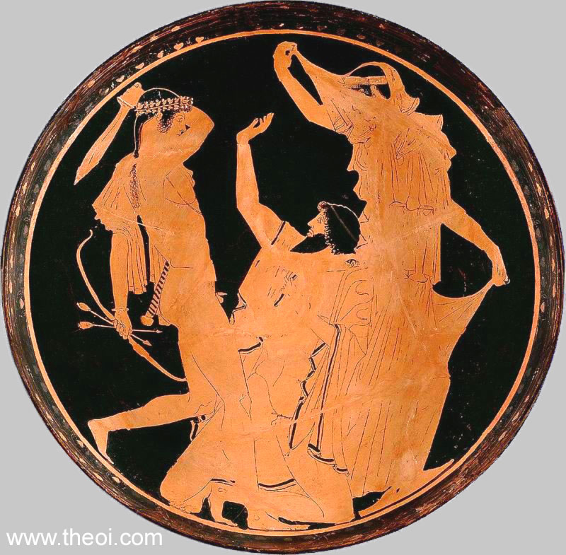 Apollo, Tityus and Leto | Athenian red-figure plate C5th B.C. | Staatliche Antikensammlungen, Munich