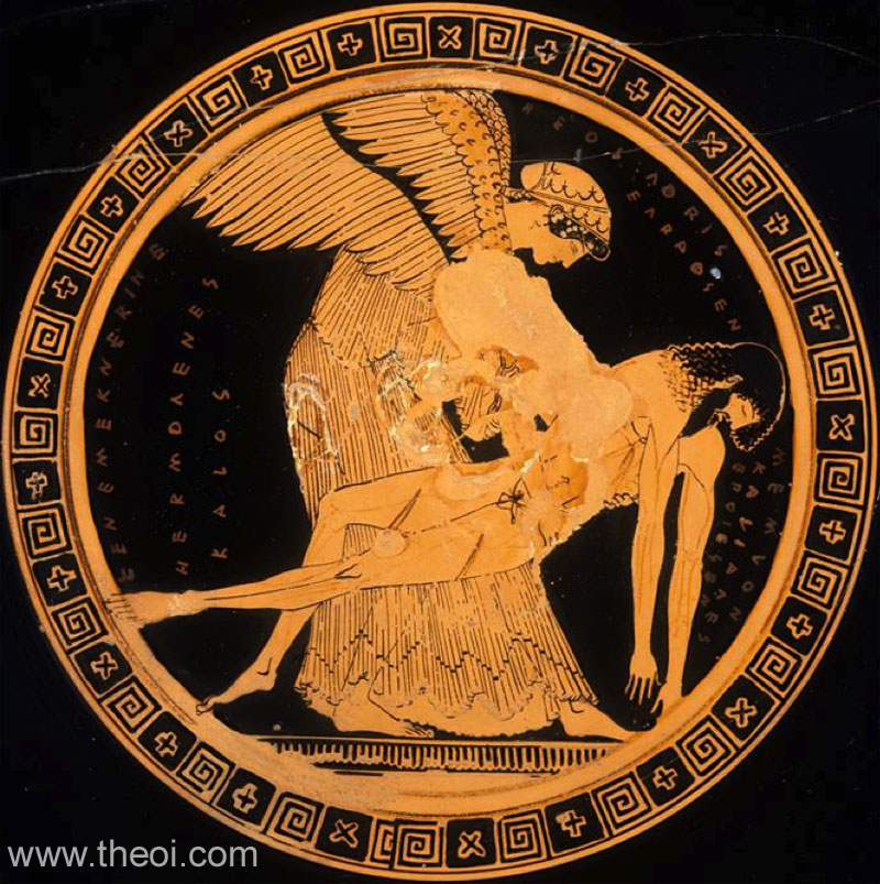 Eos & Body of Memnon | Attic red figure vase painting