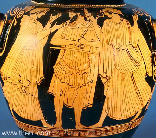 Thetis, Eos, Hermes and the scales of fate | Athenian red-figure stamnos C5th B.C. | Museum of Fine Arts, Boston