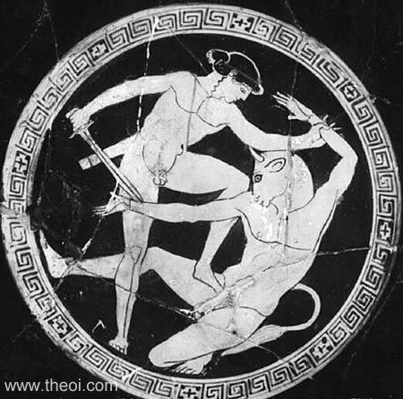 Theseus & Minotaur | Attic red figure vase painting