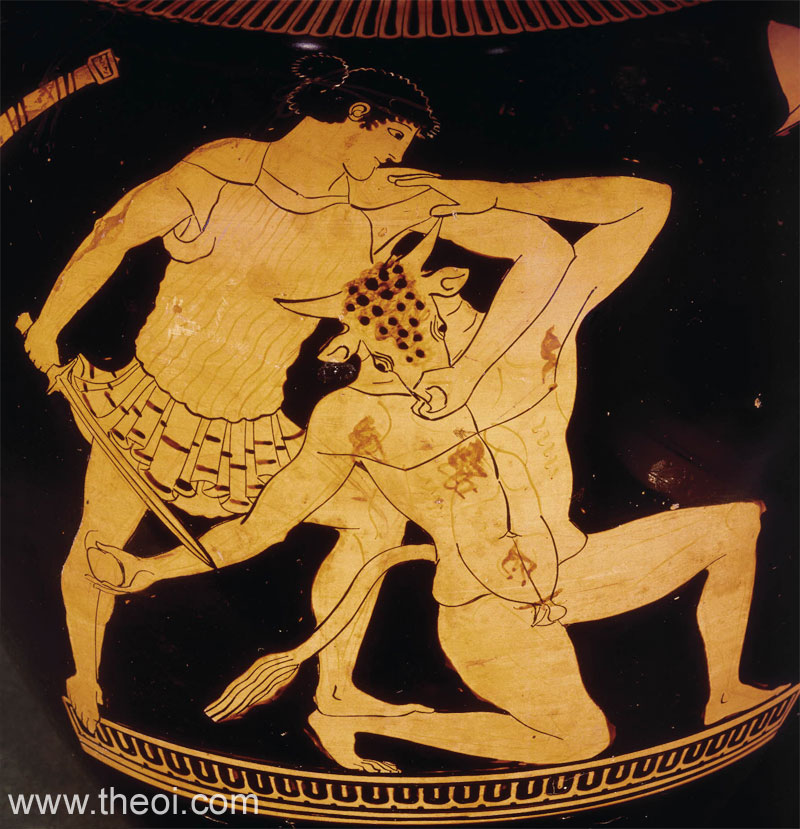 Theseus & Minotaur | Attic red figure vase painting