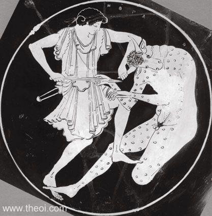 Theseus & Minotaur | Attic red figure vase painting