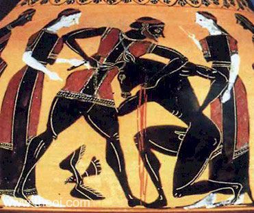 Theseus & Minotaur | Attic black figure vase painting