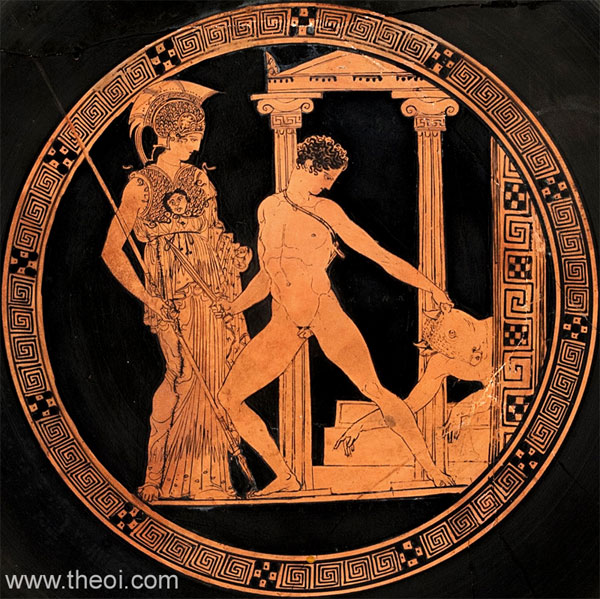 Athena, Theseus and the Minotaur | Athenian red-figure kylix C5th B.C. | National Archaeological Museum of Spain, Madrid