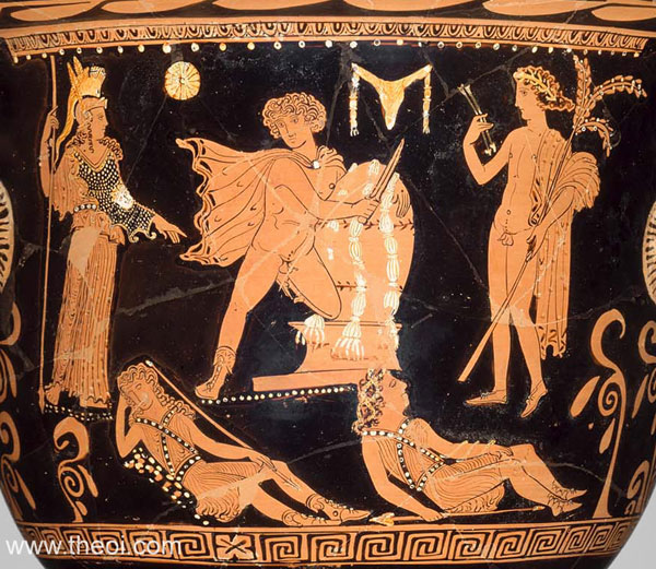 Athena, Orestes, Apollo and sleeping Erinyes | Apulian red-figure bell krater C4th B.C. | Museum of Fine Arts, Boston