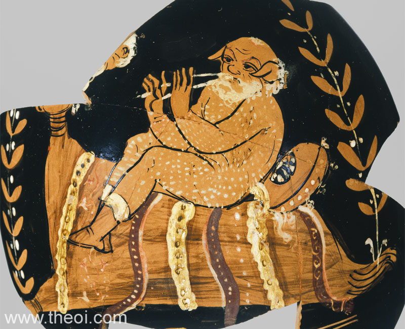 Tityrus-Silen playing flute | Sicilian red-figure lekythos fragment C4th B.C. | The J. Paul Getty Museum, Malibu