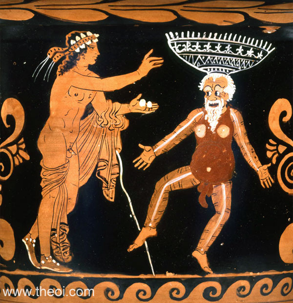 Dionysus and comic actor playing Silenus | Paestan red-figure bell krater C4th B.C. | British Museum, London