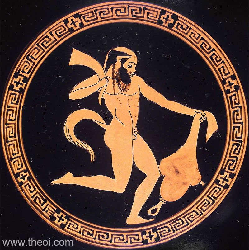 Satyr with Wineskin | Attic red figure vase painting