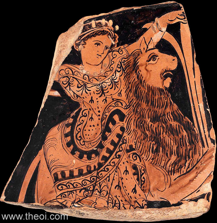 Rhea-Cybele Riding Lion | Attic red figure vase painting