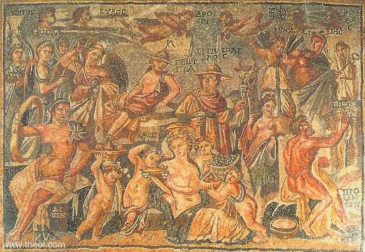 Aeon-Uranus, Gaea, Carpi, Horae and Prometheus | Greco-Roman mosaic | Damascus Museum