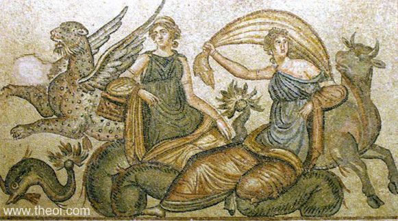 Poseidon as sea-leopard and Astypalaea, Zeus as sea-bull and Europa | Greco-Roman mosaic from Zeugma C2nd A.D | Gaziantep Museum of Archaeology