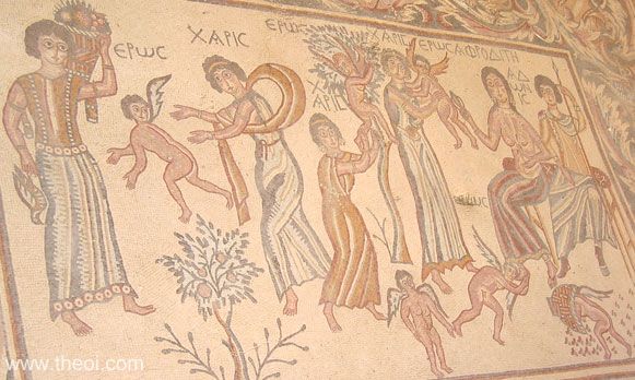 Carpoicis, Charites, Erotes and Aphrodite | Greco-Roman floor mosaic | Church of the Virgin Mary (in situ), Madaba