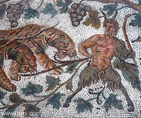 Pan and the tigers of Dionysus | Greco-Roman mosaic from Thysdrus C3rd A.D. | Bardo Museum, Tunis
